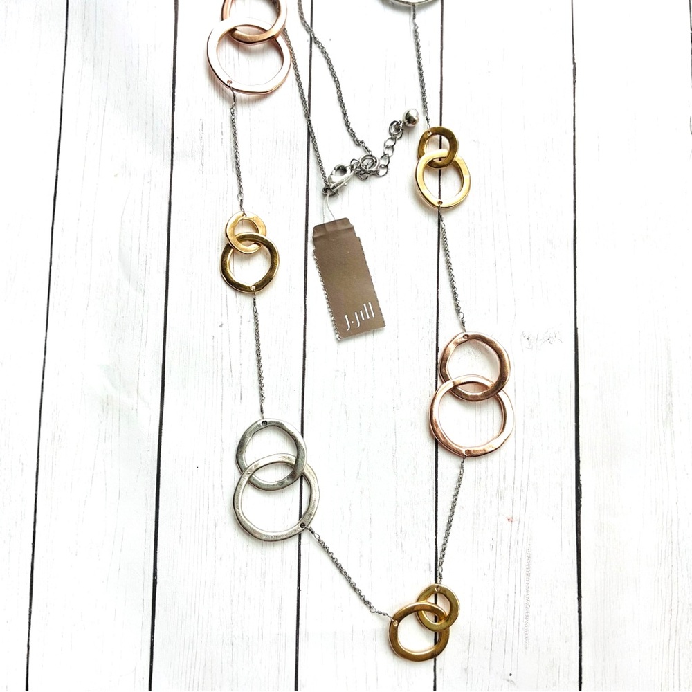 NEW NWT J. Jill Tri-Tone Circle Long Necklace Gold, Rose Gold, Silver $59 Tag